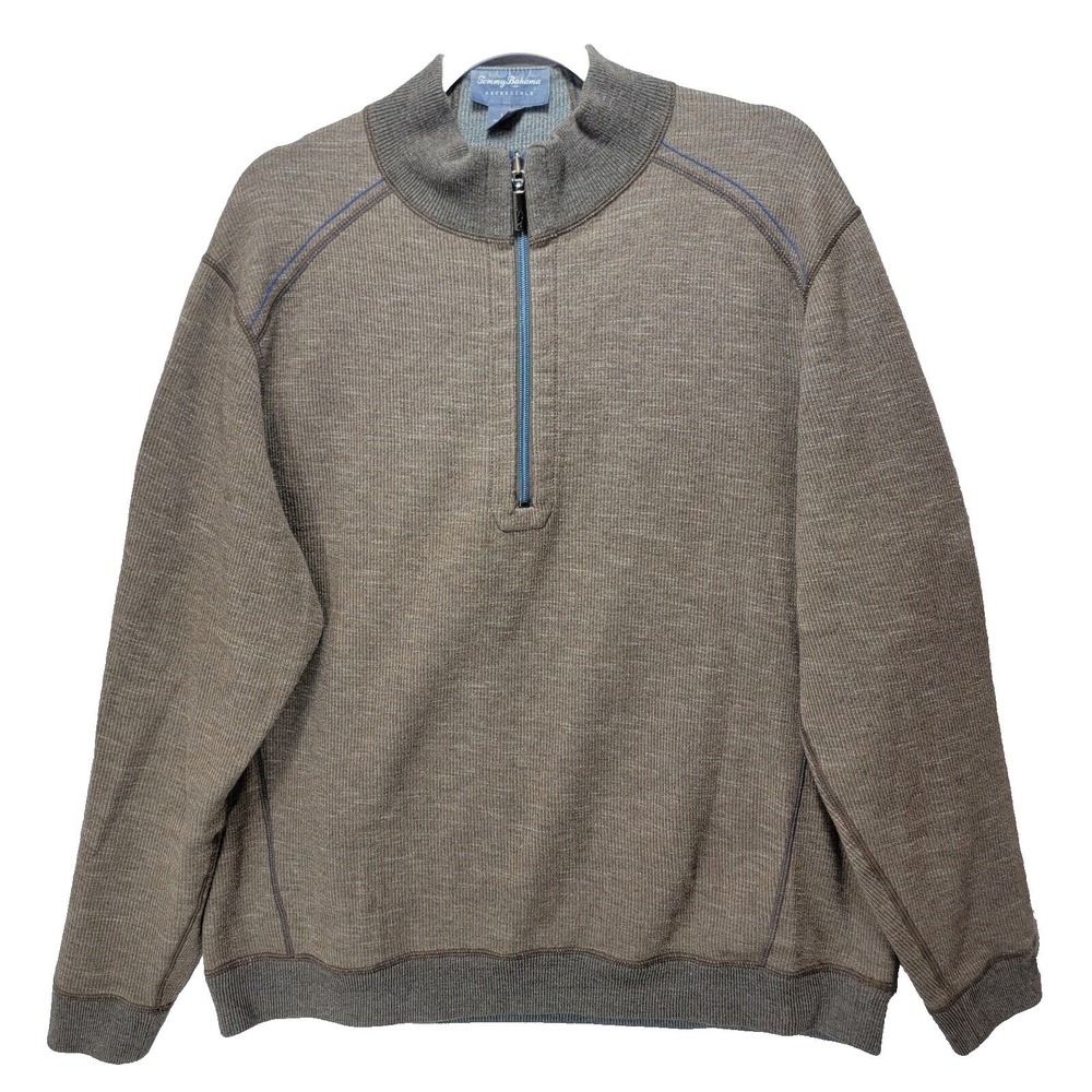 Tommy Bahama Reversible Sweater Mens L Brown Gray‎ Quarter Zip Sweatshirt Knit